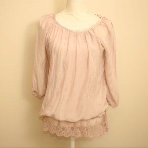 Anthropologie Giulia Silk Blush Lace Peasant Top Small